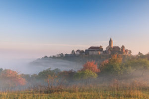 Sunrise at the Leuchtenburg, fog, autumn, Thuringia, Germany Sunrise at the Leuchtenburg, fog, autumn, Thuringia, Germany